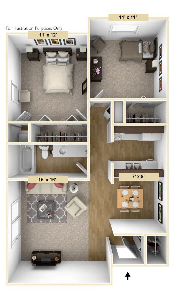 Floor plan for 2 beds, 1 bath, 885 sqft